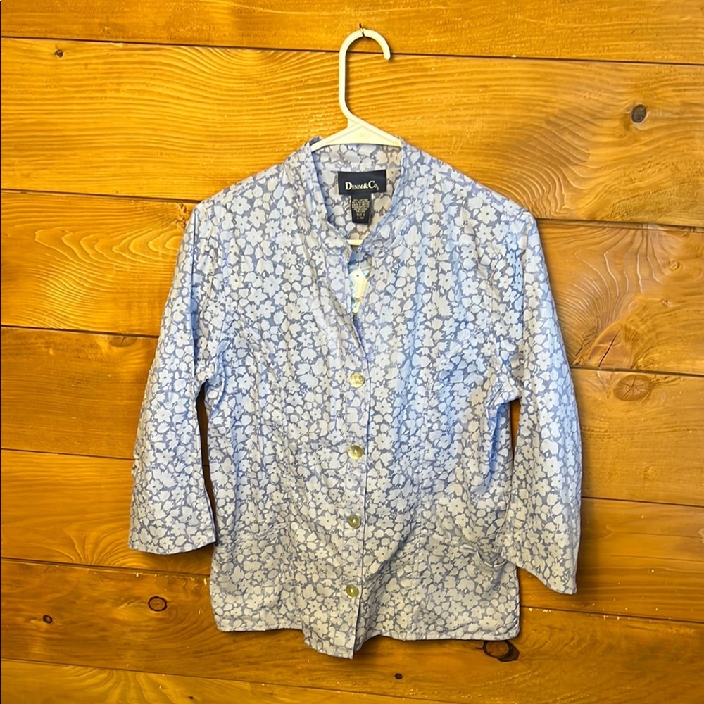 Denim & Co Blue Floral Print Tunic Top Blouse Long Sleeve Career Casual S NWT
